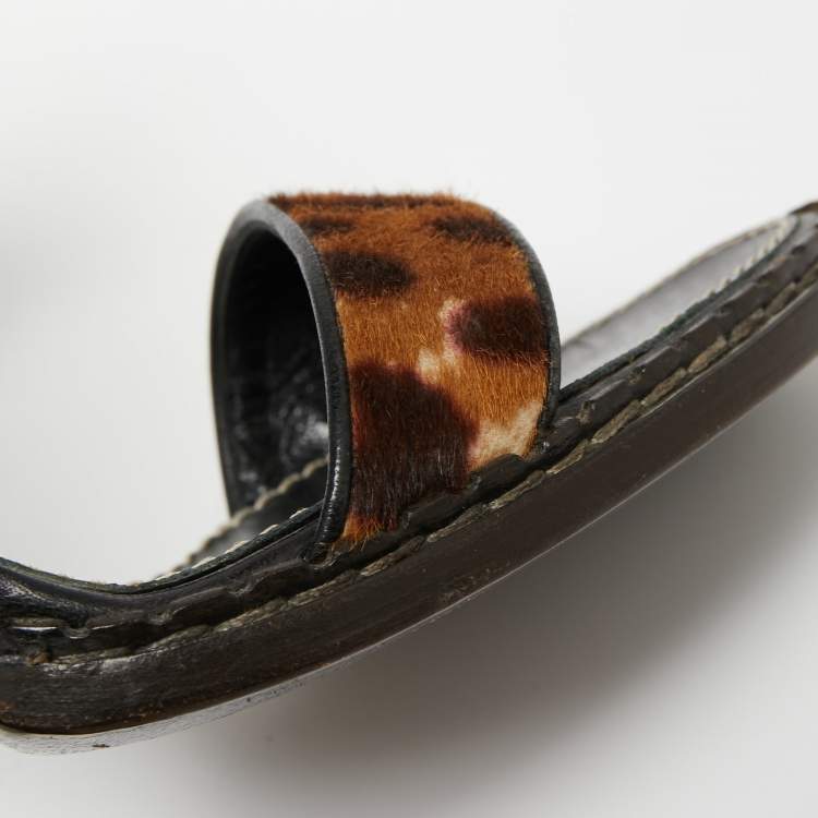 Pre Owned Saint Laurent Beige/Brown Leopard Print Calf Hair Slingback Sandals Size 41