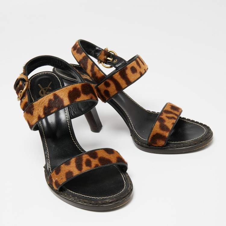 Pre Owned Saint Laurent Beige/Brown Leopard Print Calf Hair Slingback Sandals Size 41