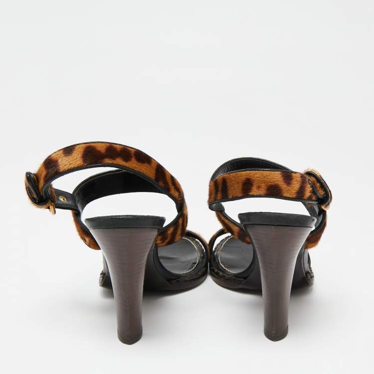 Pre Owned Saint Laurent Beige/Brown Leopard Print Calf Hair Slingback Sandals Size 41
