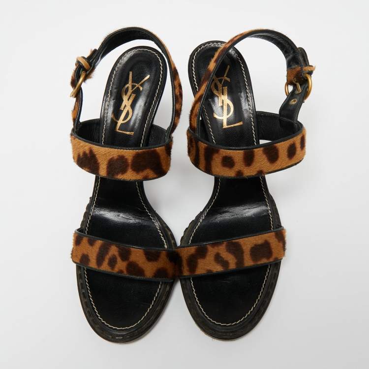 Pre Owned Saint Laurent Beige/Brown Leopard Print Calf Hair Slingback Sandals Size 41