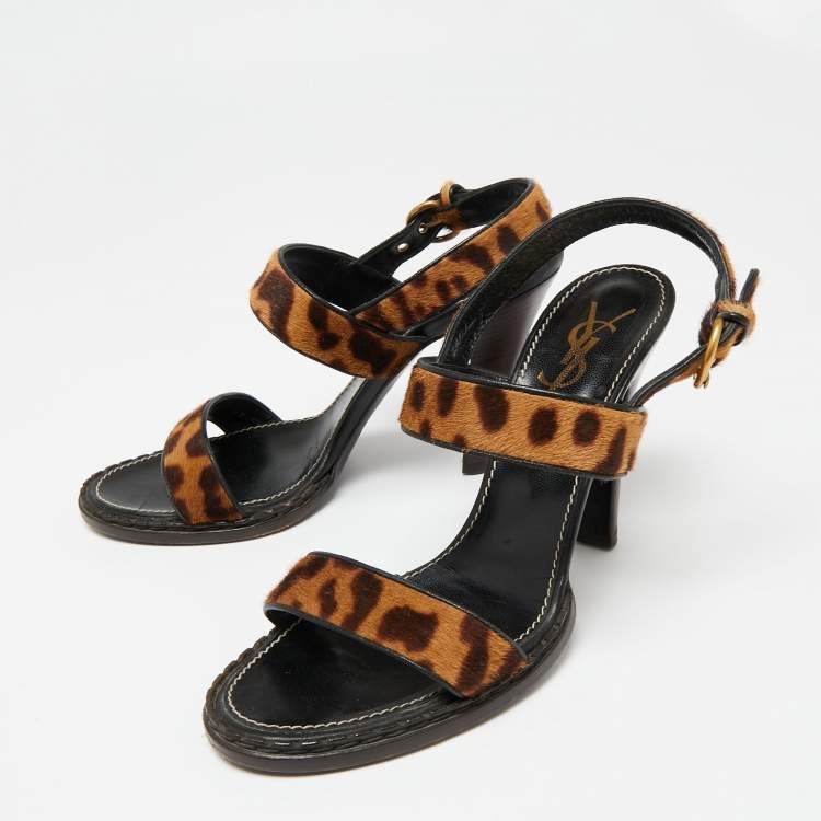 Pre Owned Saint Laurent Beige/Brown Leopard Print Calf Hair Slingback Sandals Size 41