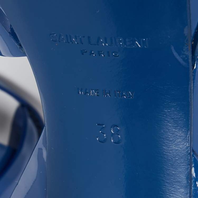 Pre Owned Saint Laurent Blue Patent Leather Tribute Platform Sandals Size 38