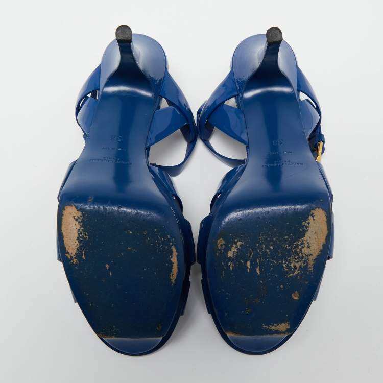Pre Owned Saint Laurent Blue Patent Leather Tribute Platform Sandals Size 38