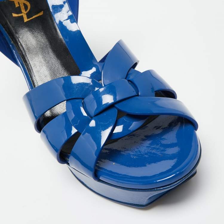 Pre Owned Saint Laurent Blue Patent Leather Tribute Platform Sandals Size 38