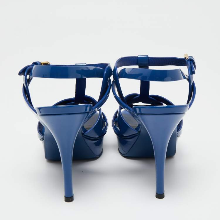 Pre Owned Saint Laurent Blue Patent Leather Tribute Platform Sandals Size 38