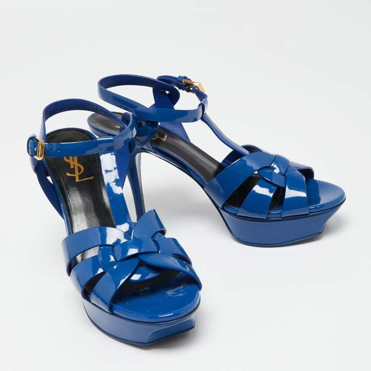 Pre Owned Saint Laurent Blue Patent Leather Tribute Platform Sandals Size 38