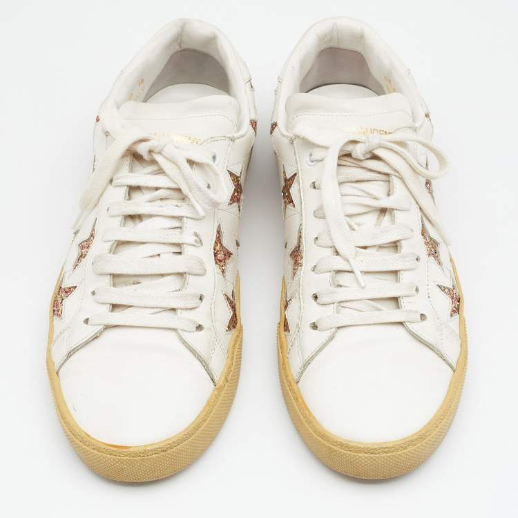 Pre Owned Saint Laurent White Leather Star Embellished Low Top  Sneakers Size 40