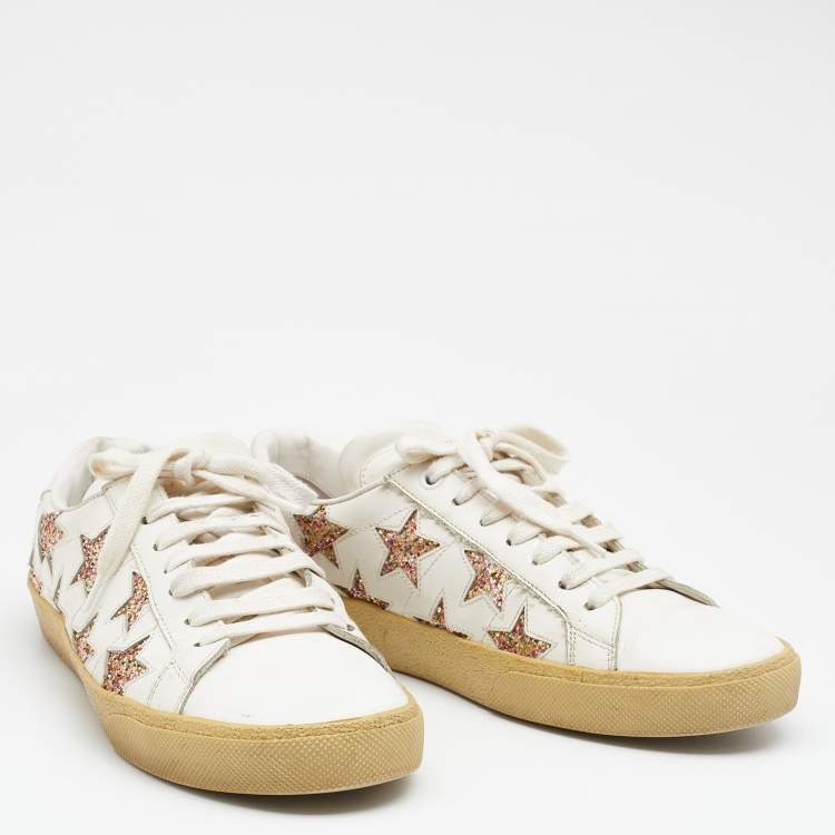 Pre Owned Saint Laurent White Leather Star Embellished Low Top  Sneakers Size 40