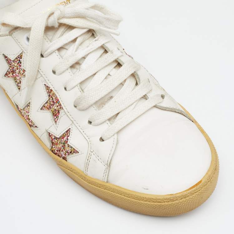 Pre Owned Saint Laurent White Leather Star Embellished Low Top  Sneakers Size 40