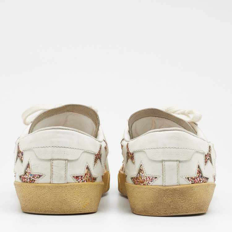 Pre Owned Saint Laurent White Leather Star Embellished Low Top  Sneakers Size 40