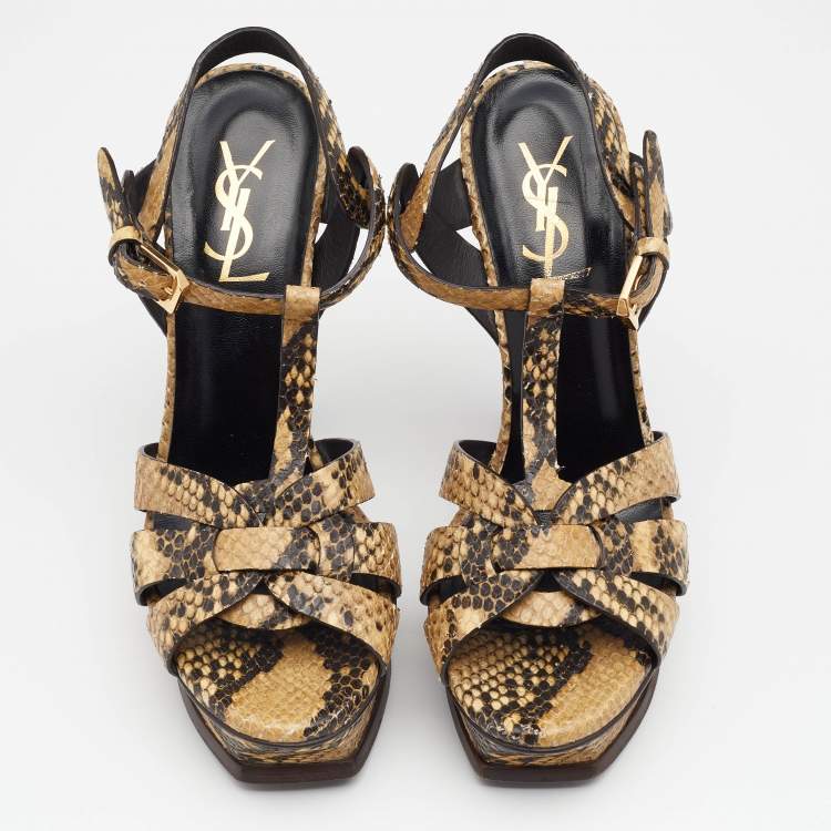 Pre Owned Saint Laurent Beige/Black Snakeskin Leather Tribute Platform Sandals Size 36.5