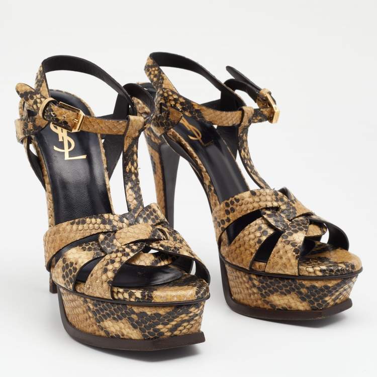 Pre Owned Saint Laurent Beige/Black Snakeskin Leather Tribute Platform Sandals Size 36.5