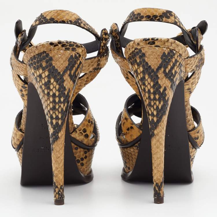 Pre Owned Saint Laurent Beige/Black Snakeskin Leather Tribute Platform Sandals Size 36.5