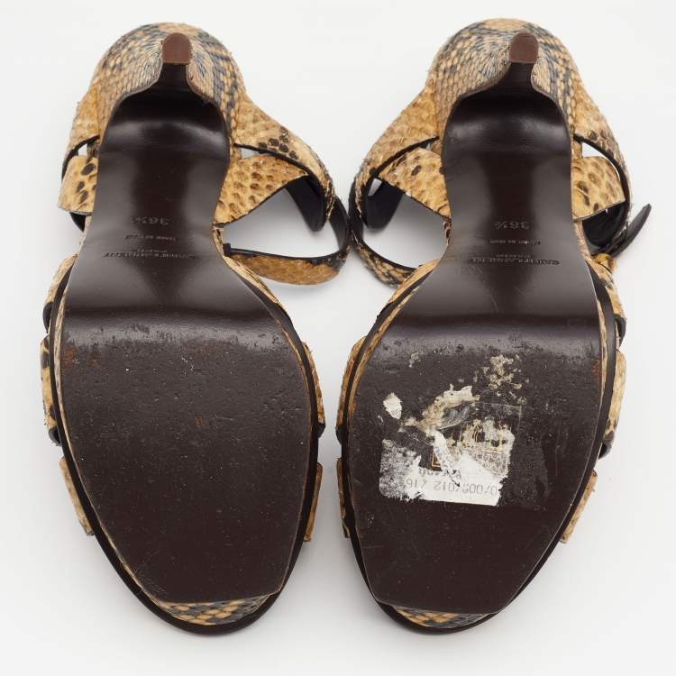 Pre Owned Saint Laurent Beige/Black Snakeskin Leather Tribute Platform Sandals Size 36.5