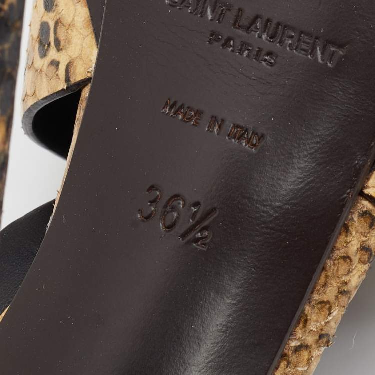 Pre Owned Saint Laurent Beige/Black Snakeskin Leather Tribute Platform Sandals Size 36.5