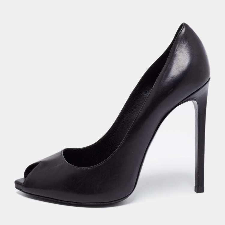 Pre Owned Saint Laurent Black Leather Peep Toe Pumps Size 37.5