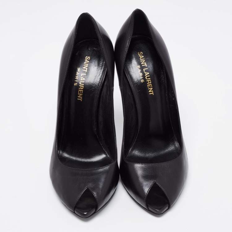 Pre Owned Saint Laurent Black Leather Peep Toe Pumps Size 37.5