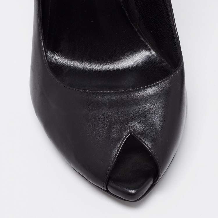 Pre Owned Saint Laurent Black Leather Peep Toe Pumps Size 37.5