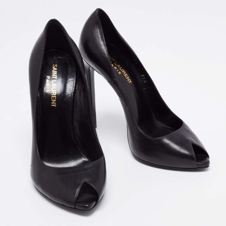 Pre Owned Saint Laurent Black Leather Peep Toe Pumps Size 37.5