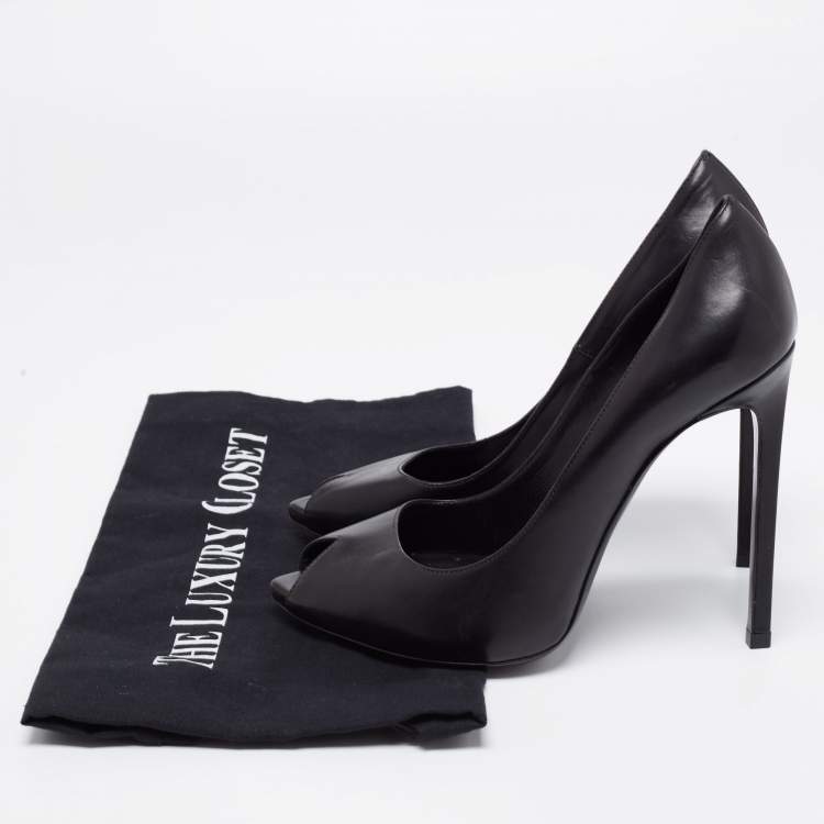Pre Owned Saint Laurent Black Leather Peep Toe Pumps Size 37.5