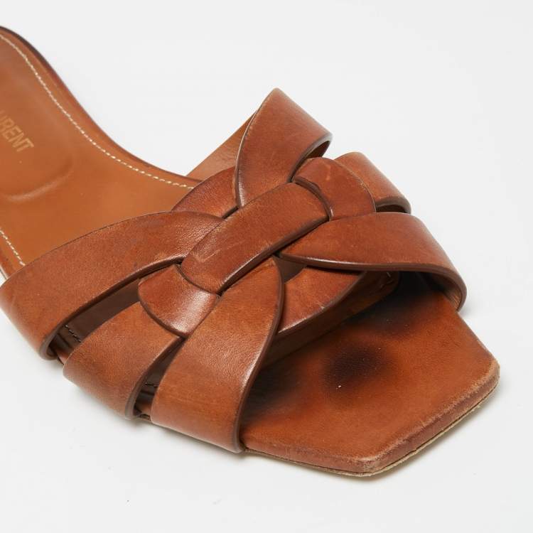 Pre Owned Saint Laurent Brown Leather Tribute Flat Slides Size 38