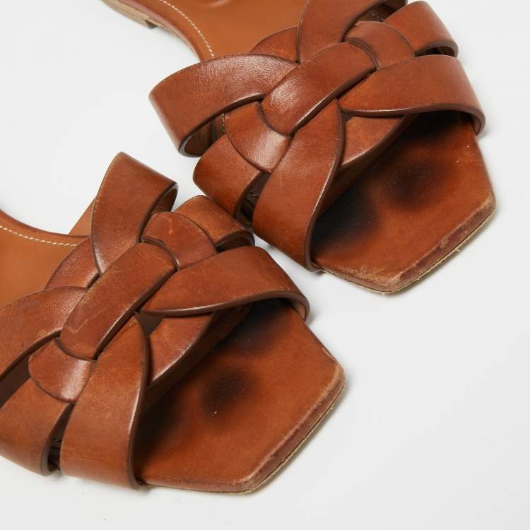 Pre Owned Saint Laurent Brown Leather Tribute Flat Slides Size 38