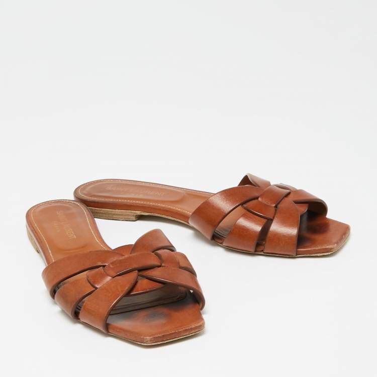 Pre Owned Saint Laurent Brown Leather Tribute Flat Slides Size 38