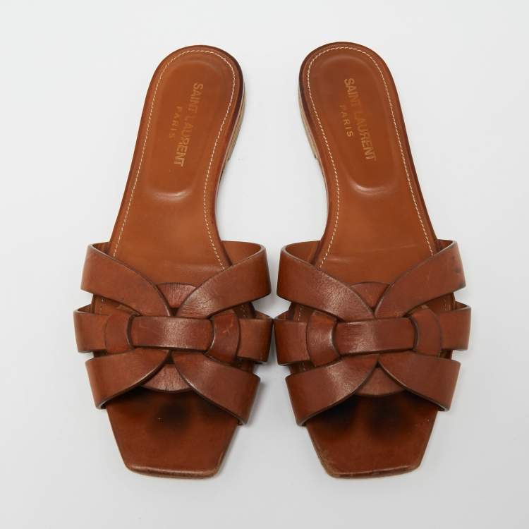 Pre Owned Saint Laurent Brown Leather Tribute Flat Slides Size 38
