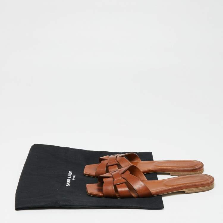 Pre Owned Saint Laurent Brown Leather Tribute Flat Slides Size 38
