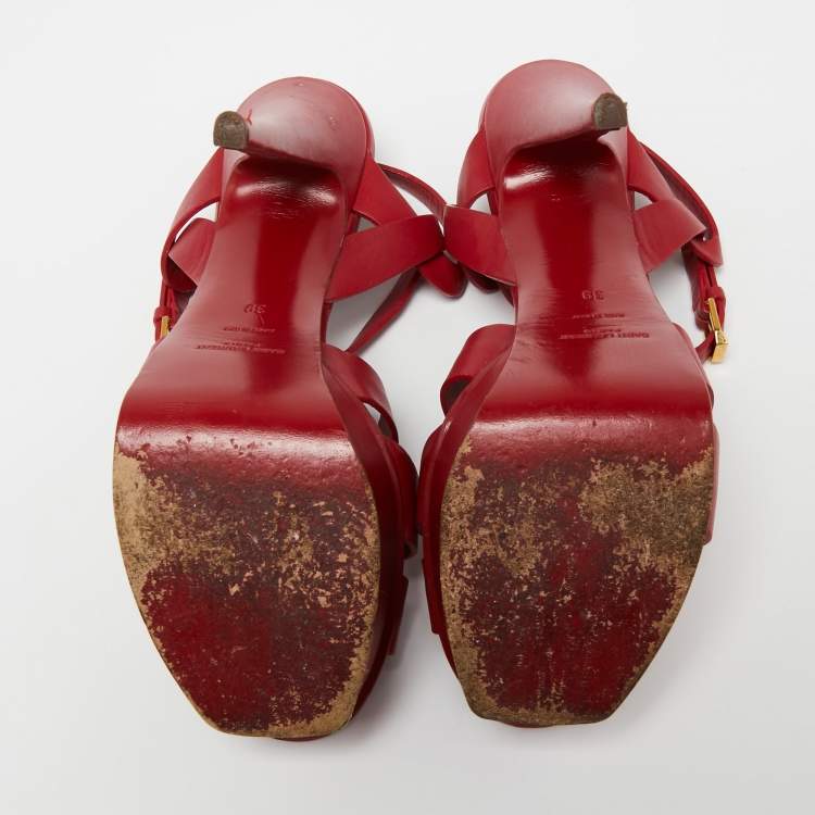 Pre Owned Saint Laurent Red Leather Tribute Sandals Size 39