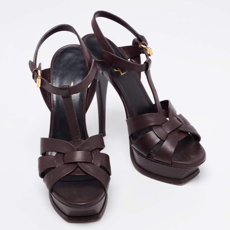Pre Owned Saint Laurent Dark Brown Leather Tribute Platform Platform Sandals Size 38