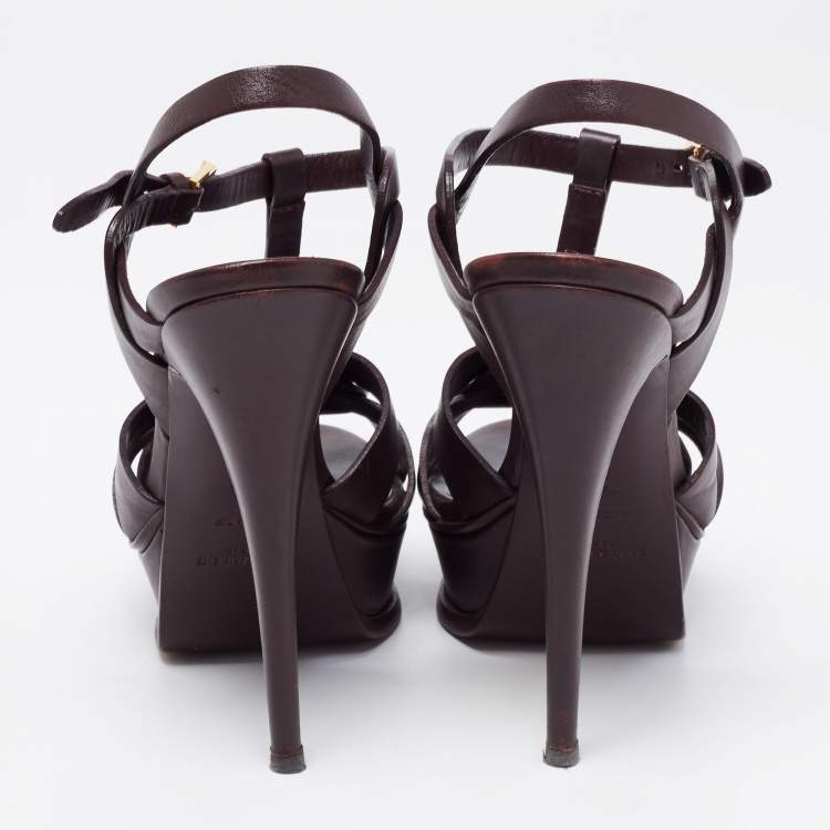 Pre Owned Saint Laurent Dark Brown Leather Tribute Platform Platform Sandals Size 38
