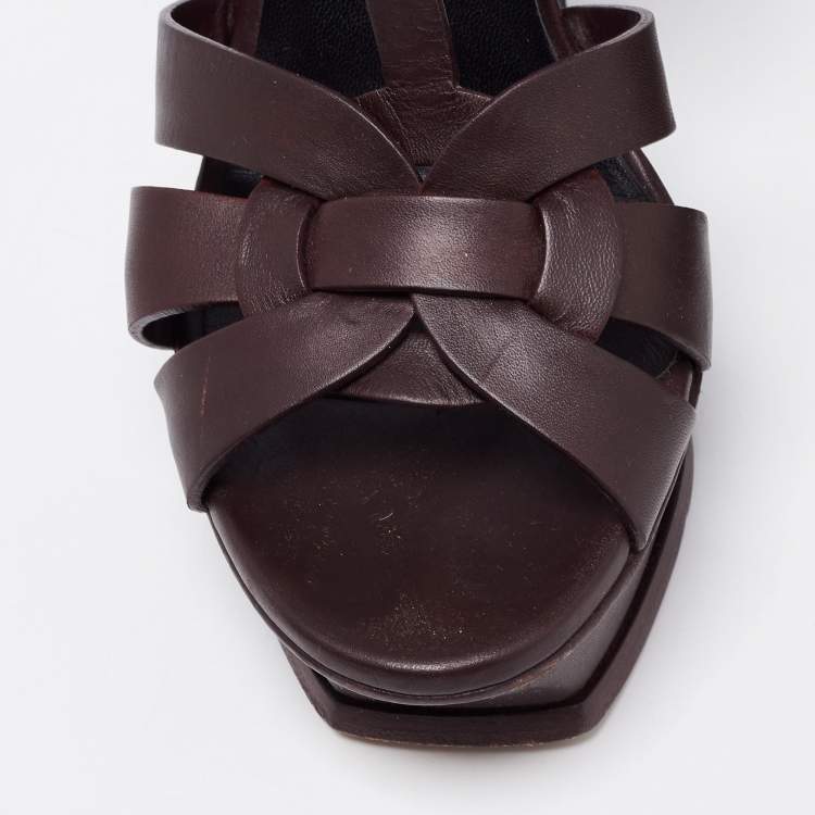 Pre Owned Saint Laurent Dark Brown Leather Tribute Platform Platform Sandals Size 38