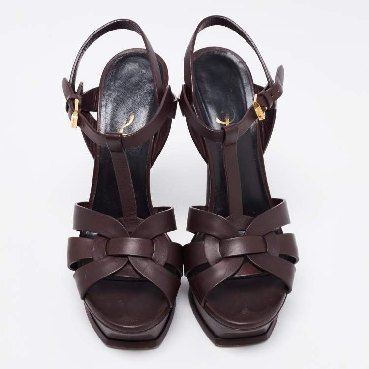 Pre Owned Saint Laurent Dark Brown Leather Tribute Platform Platform Sandals Size 38