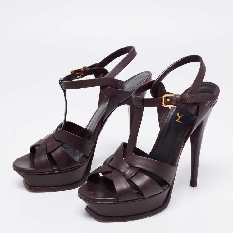 Pre Owned Saint Laurent Dark Brown Leather Tribute Platform Platform Sandals Size 38