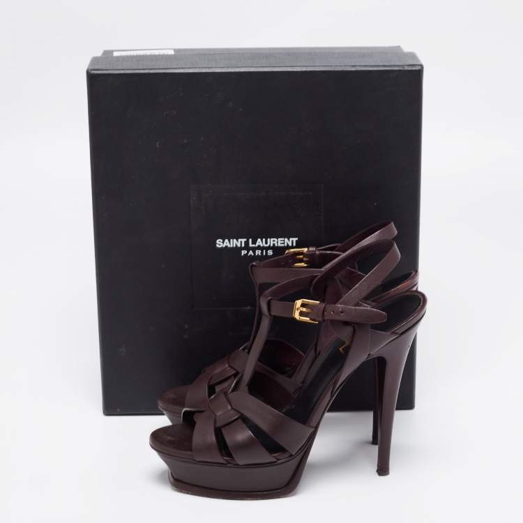 Pre Owned Saint Laurent Dark Brown Leather Tribute Platform Platform Sandals Size 38