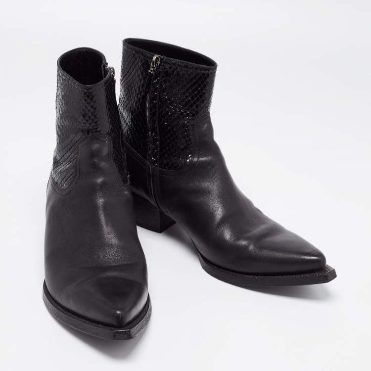 Pre Owned Saint Lauren Black Python And Leather Ankle Length Boots Size 46