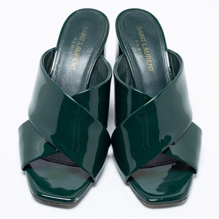 Pre Owned Saint Laurent Green Patent Leather Loulou Criss Cross Slide Sandals Size 36