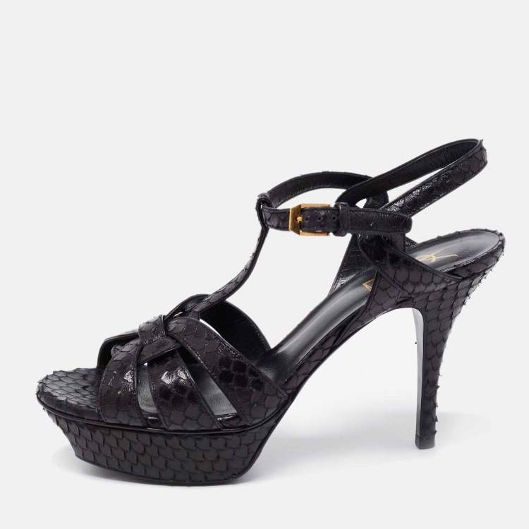 Pre Owned Saint Laurent Black Python Embossed  Leather Tribute Sandals Size 38.5
