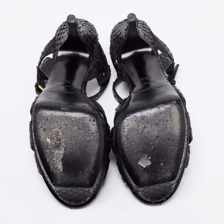 Pre Owned Saint Laurent Black Python Embossed  Leather Tribute Sandals Size 38.5