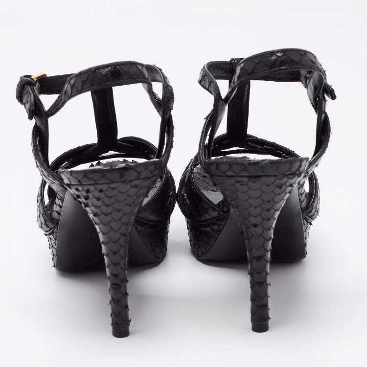 Pre Owned Saint Laurent Black Python Embossed  Leather Tribute Sandals Size 38.5