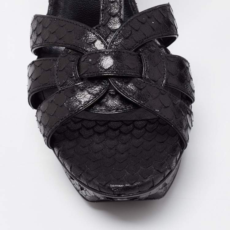 Pre Owned Saint Laurent Black Python Embossed  Leather Tribute Sandals Size 38.5