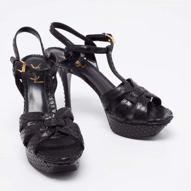 Pre Owned Saint Laurent Black Python Embossed  Leather Tribute Sandals Size 38.5