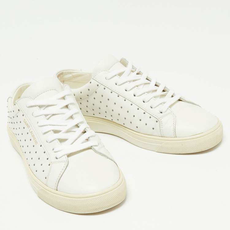Pre Owned Saint Laurent White Leather Studded Accents Low Top Sneakers Size 36