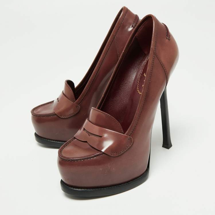 Pre Owned Saint Laurent Burgundy Leather Tribtoo Penny Loafer Platform Pumps Size 36.5