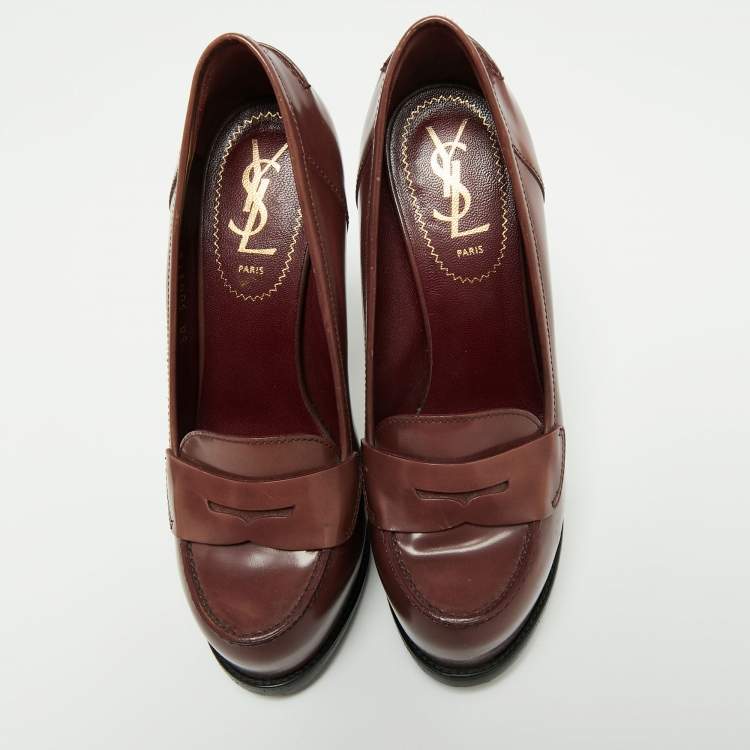 Pre Owned Saint Laurent Burgundy Leather Tribtoo Penny Loafer Platform Pumps Size 36.5