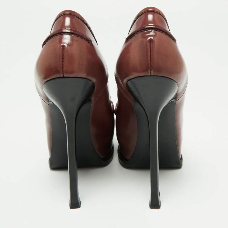 Pre Owned Saint Laurent Burgundy Leather Tribtoo Penny Loafer Platform Pumps Size 36.5
