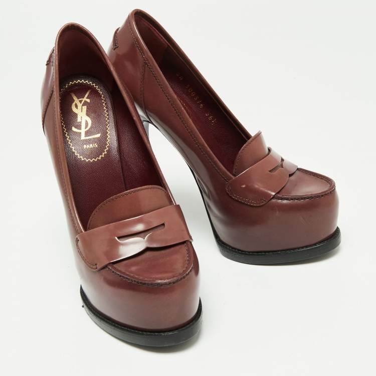 Pre Owned Saint Laurent Burgundy Leather Tribtoo Penny Loafer Platform Pumps Size 36.5