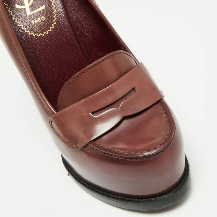 Pre Owned Saint Laurent Burgundy Leather Tribtoo Penny Loafer Platform Pumps Size 36.5