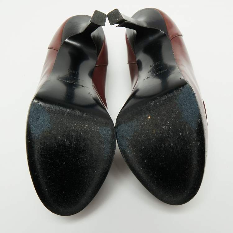 Pre Owned Saint Laurent Burgundy Leather Tribtoo Penny Loafer Platform Pumps Size 36.5